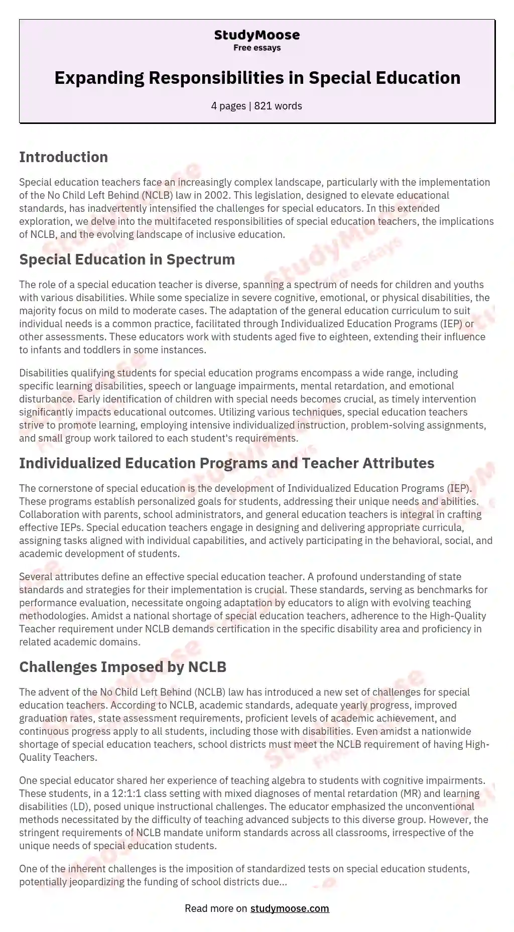 Expanding Responsibilities in Special Education essay