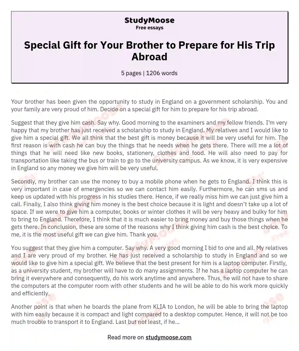 Special Gift for Your Brother to Prepare for His Trip Abroad Free Essay  Example