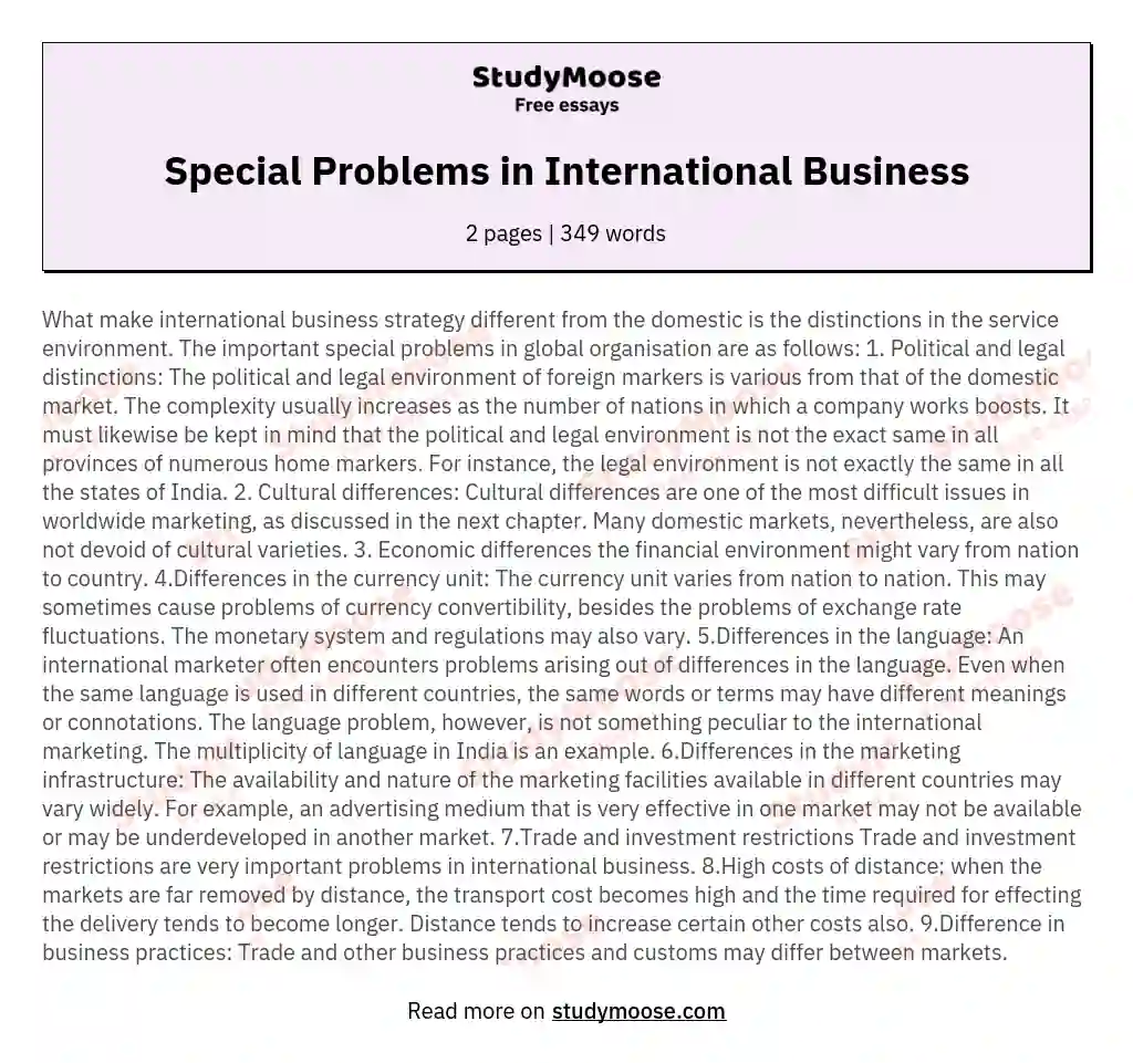 Special Problems in International Business essay