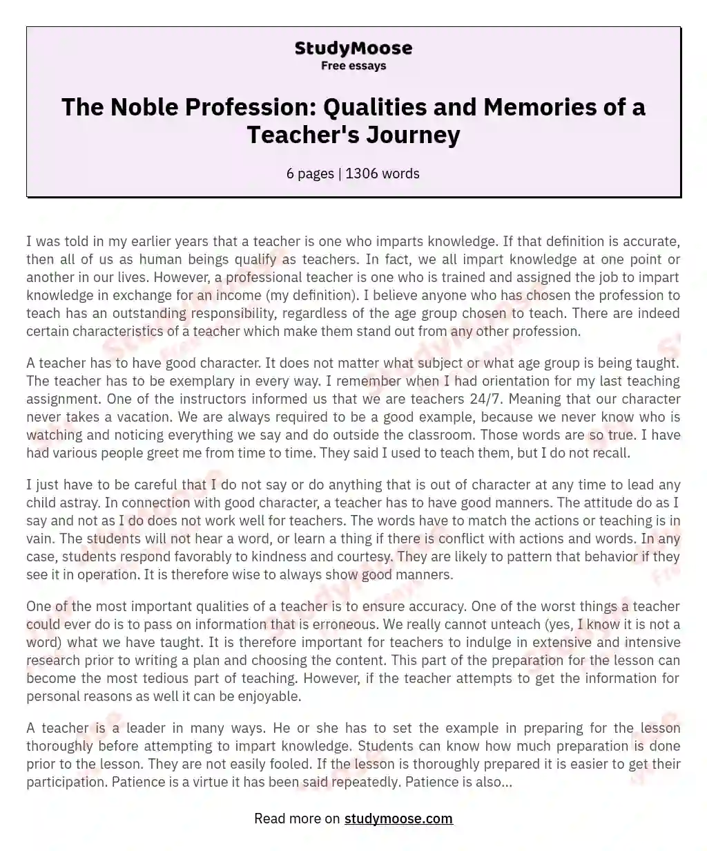 The Noble Profession: Qualities and Memories of a Teacher's Journey essay