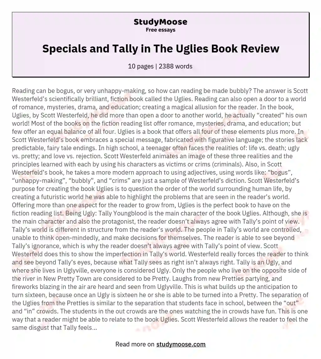 Specials and Tally in The Uglies Book Review essay