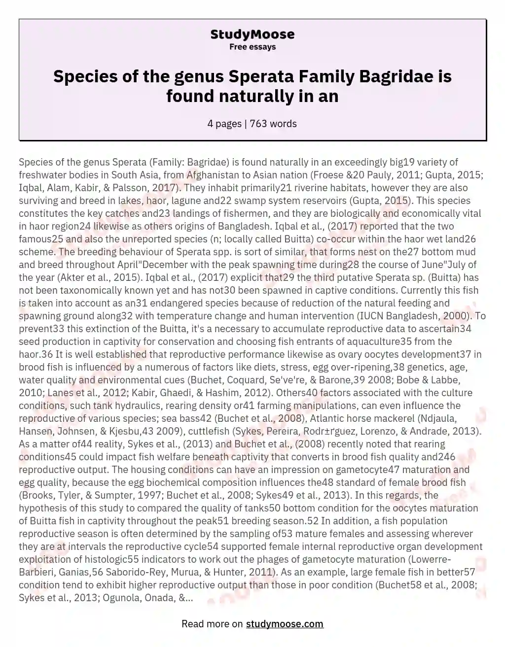Species of the genus Sperata Family Bagridae is found naturally in an essay