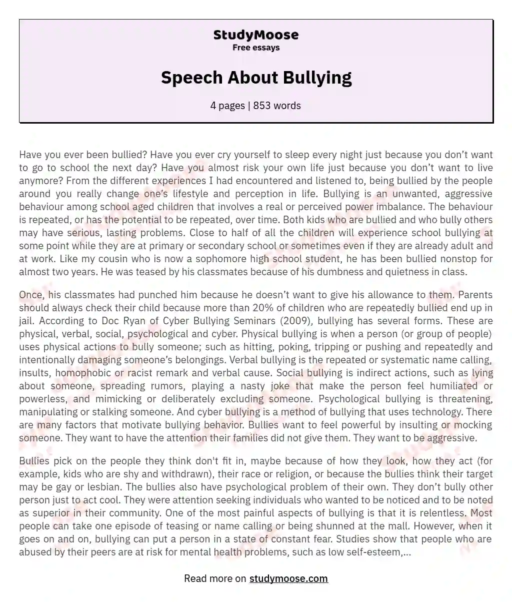 Speech About Bullying Free Essay Example