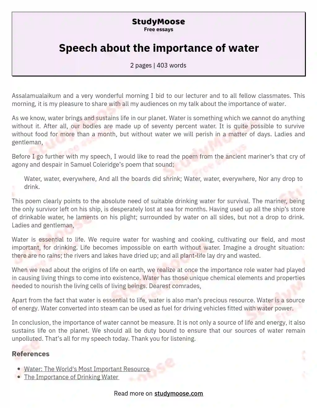 importance of drinking water essay