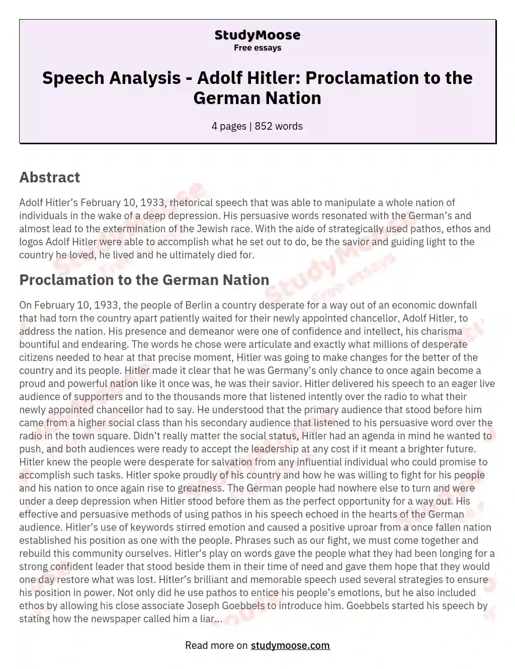 Speech Analysis - Adolf Hitler: Proclamation to the German Nation