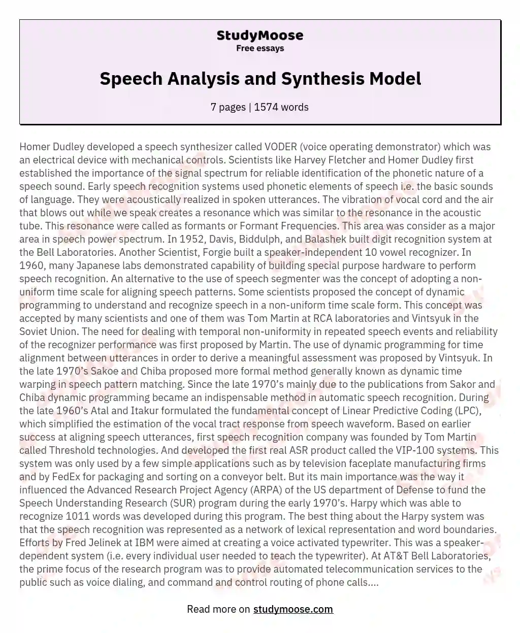 Speech Analysis and Synthesis Model essay