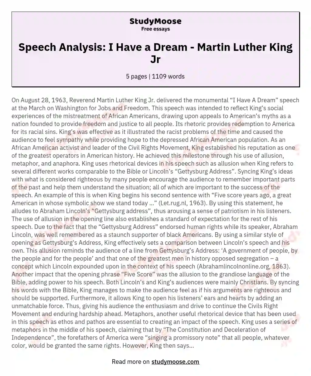 Speech Analysis: I Have a Dream - Martin Luther King Jr essay