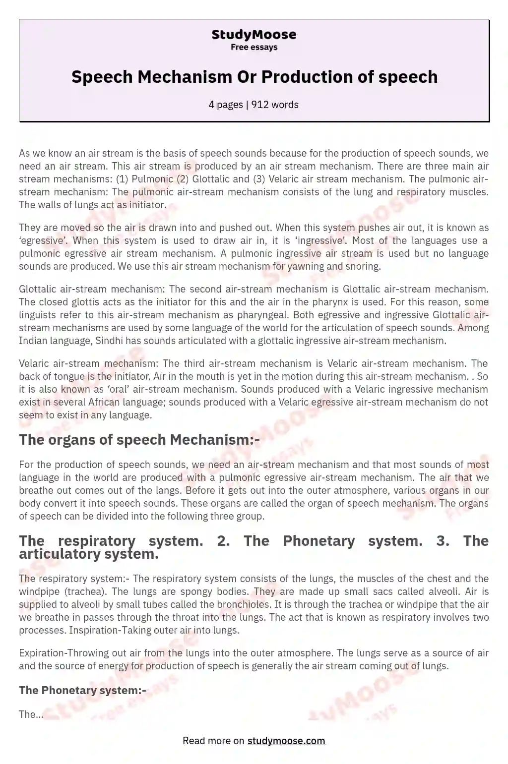 Speech Mechanism Or Production of speech essay