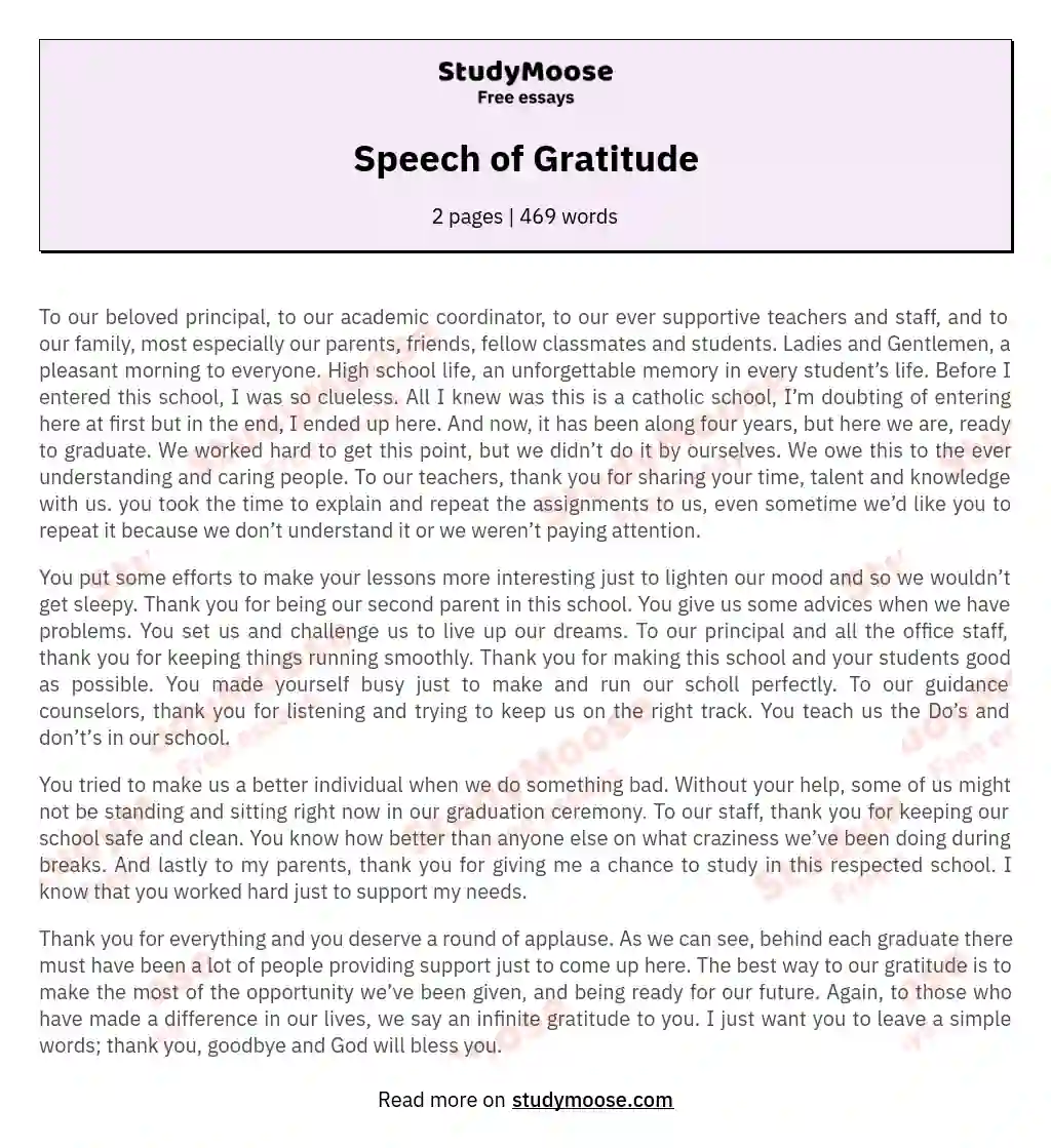 Speech of Gratitude essay
