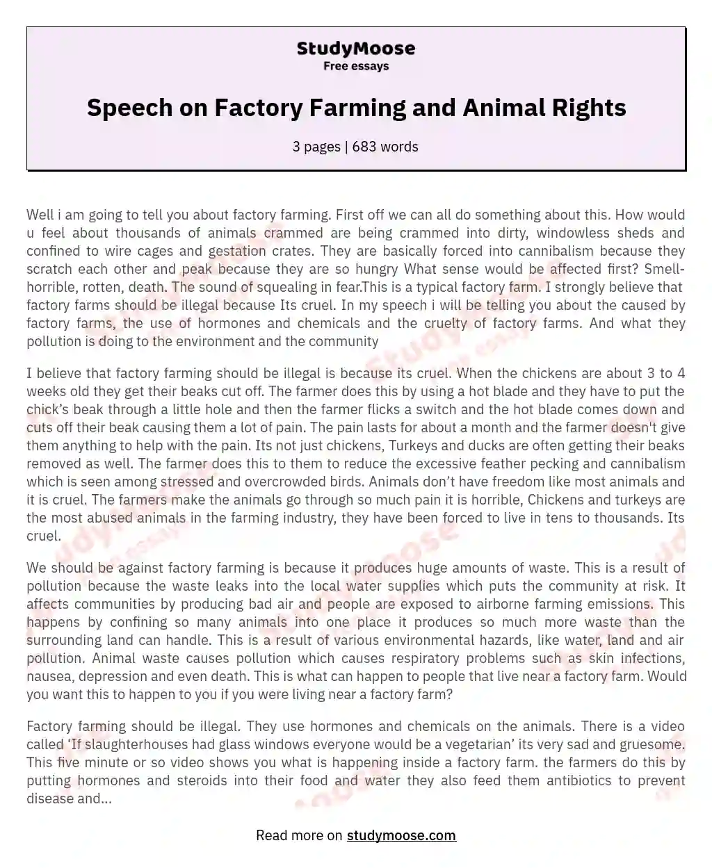 Speech on Factory Farming and Animal Rights Free Essay Example