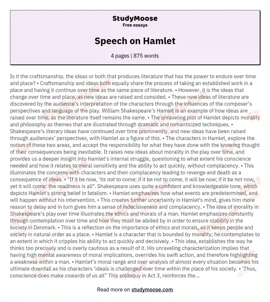 Speech on Hamlet essay
