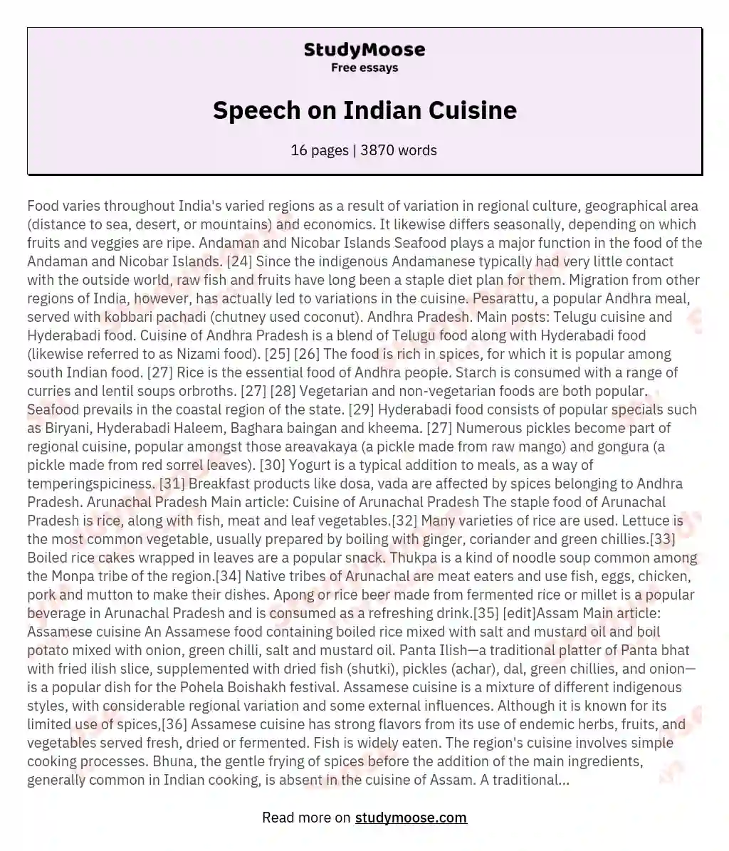 Speech on Indian Cuisine essay