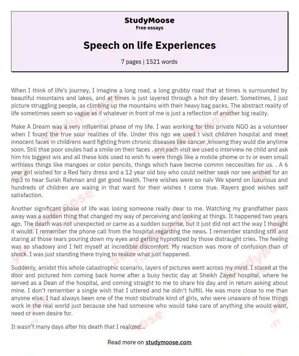 Speech on life Experiences essay