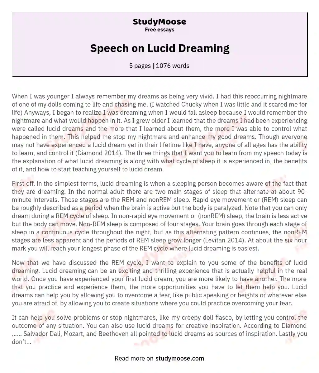 Speech on Lucid Dreaming essay
