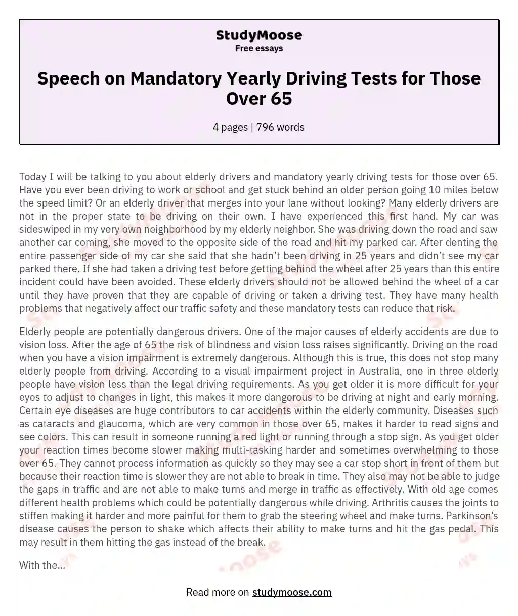 Speech on Mandatory Yearly Driving Tests for Those Over 65