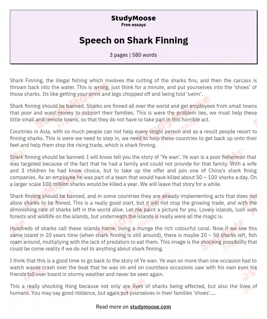Speech on Shark Finning essay