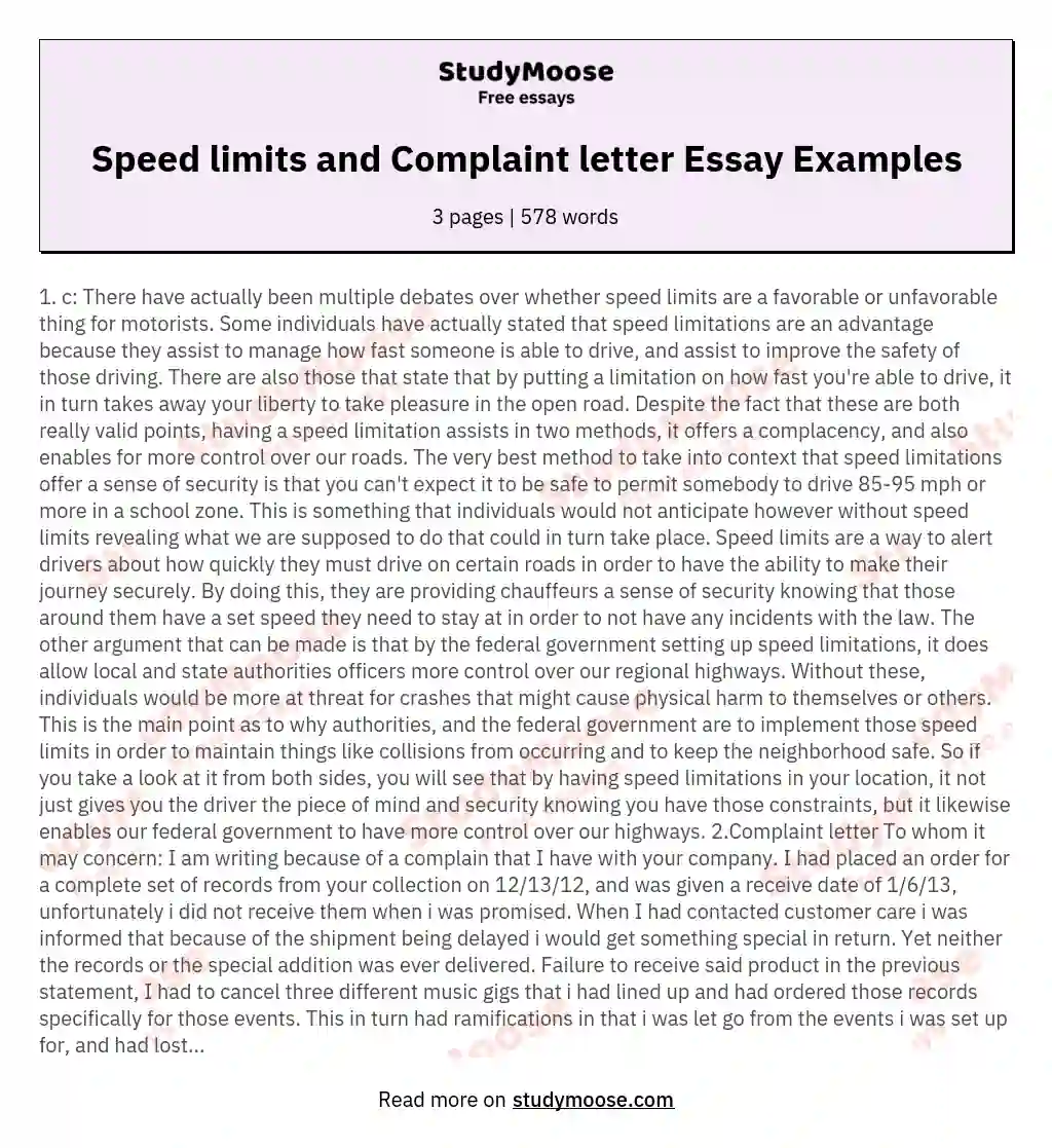 Speed limits and Complaint letter Essay Examples