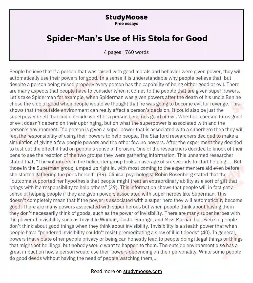 Spider-Man’s Use of His Stola for Good essay