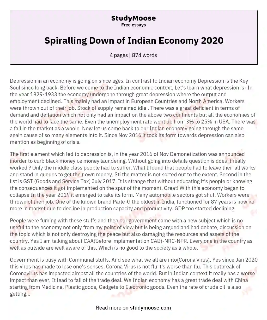 Spiralling Down of Indian Economy 2020