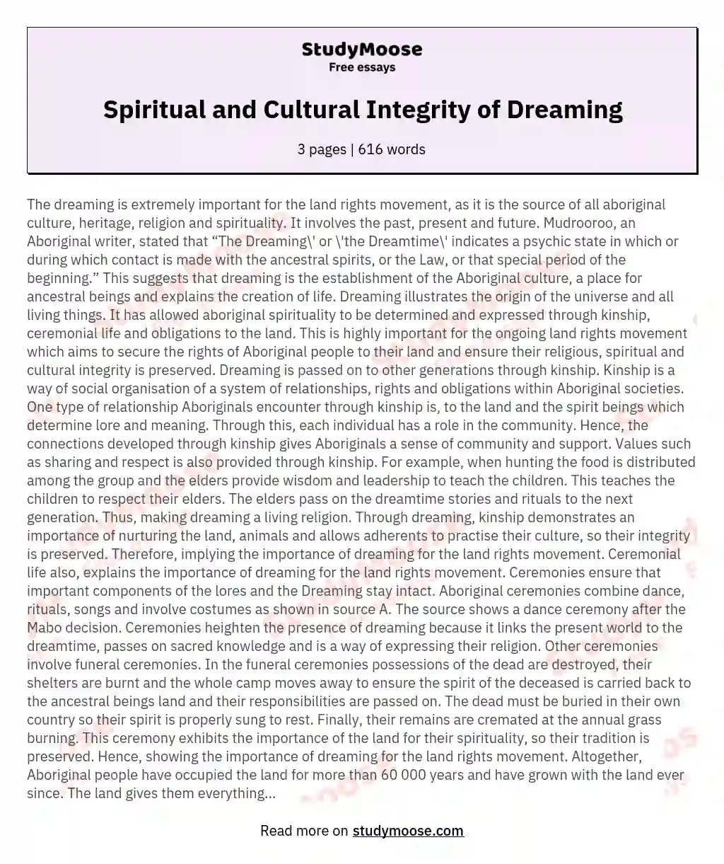 Spiritual and Cultural Integrity of Dreaming essay