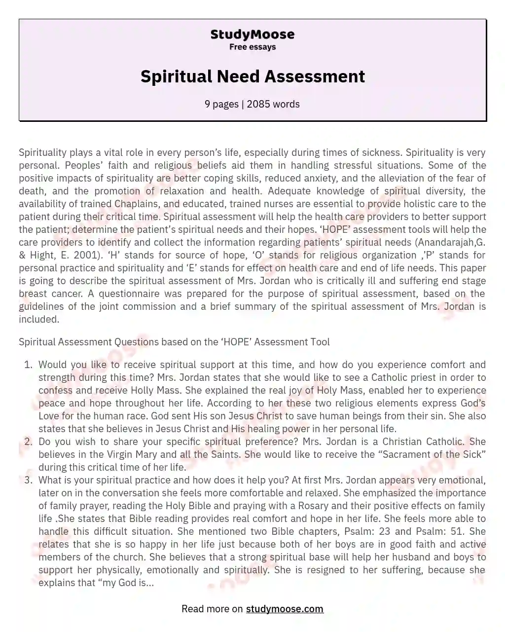 Spiritual Need Assessment