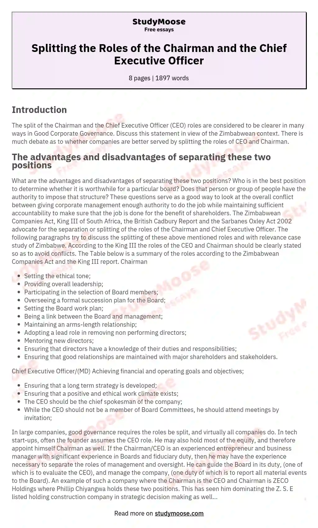 Splitting The Roles Of The Chairman And The Chief Executive Officer - Free  Comparison Essay Example, Compare And Contrast Paper