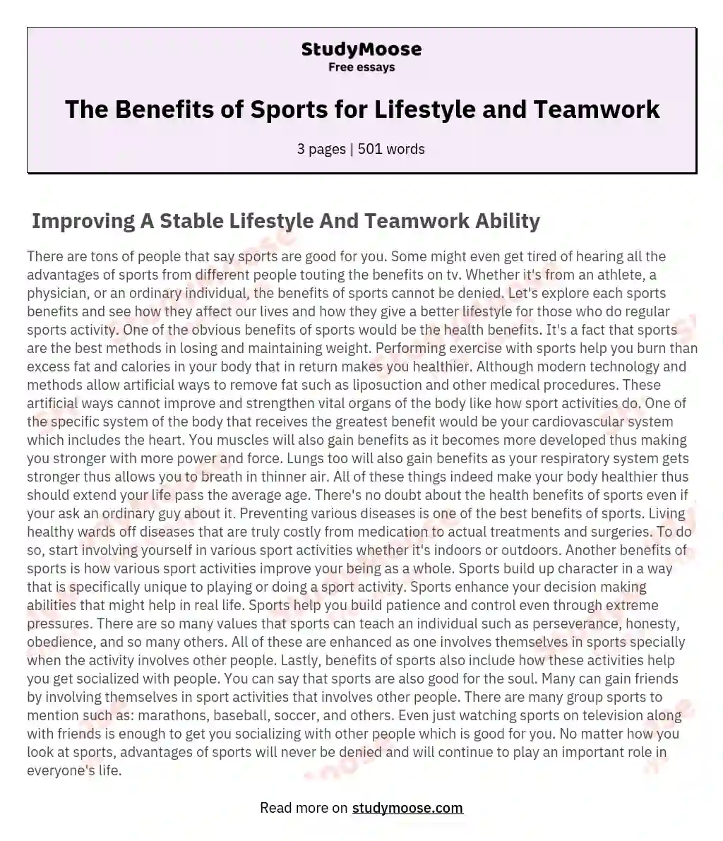 The Benefits of Sports for Lifestyle and Teamwork essay