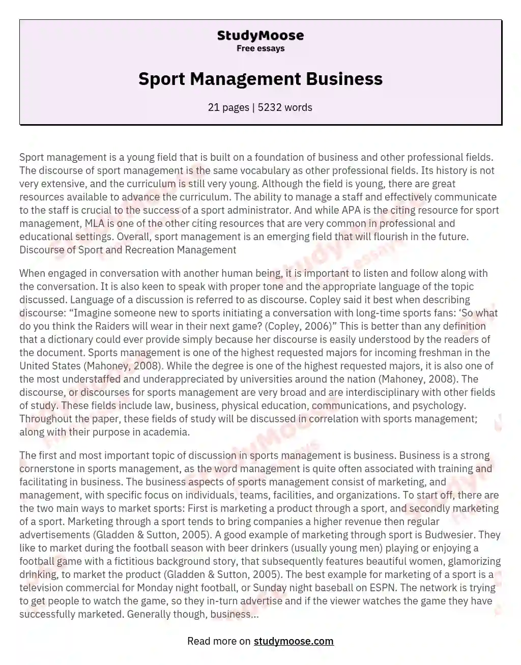 Sport Management Business essay