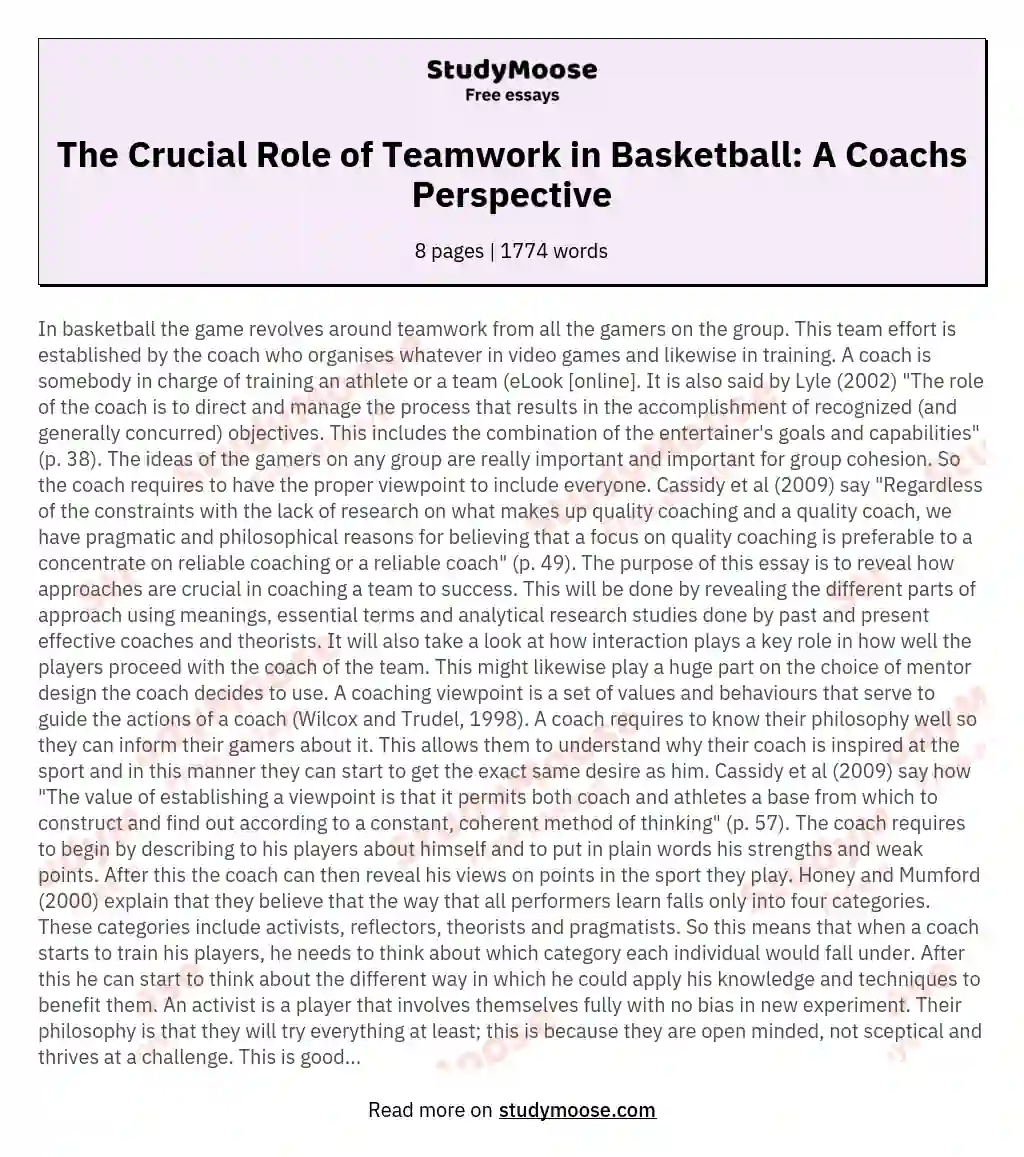 The Crucial Role of Teamwork in Basketball: A Coachs Perspective essay
