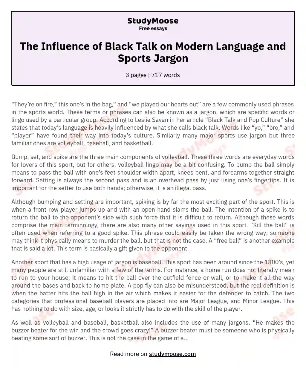 The Influence of Black Talk on Modern Language and Sports Jargon essay
