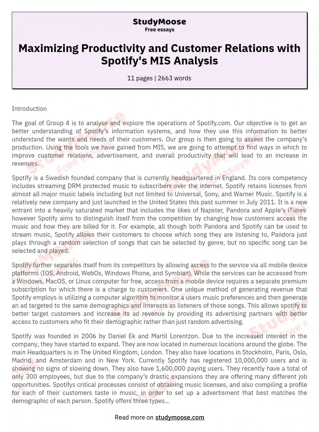 Maximizing Productivity and Customer Relations with Spotify's MIS Analysis essay