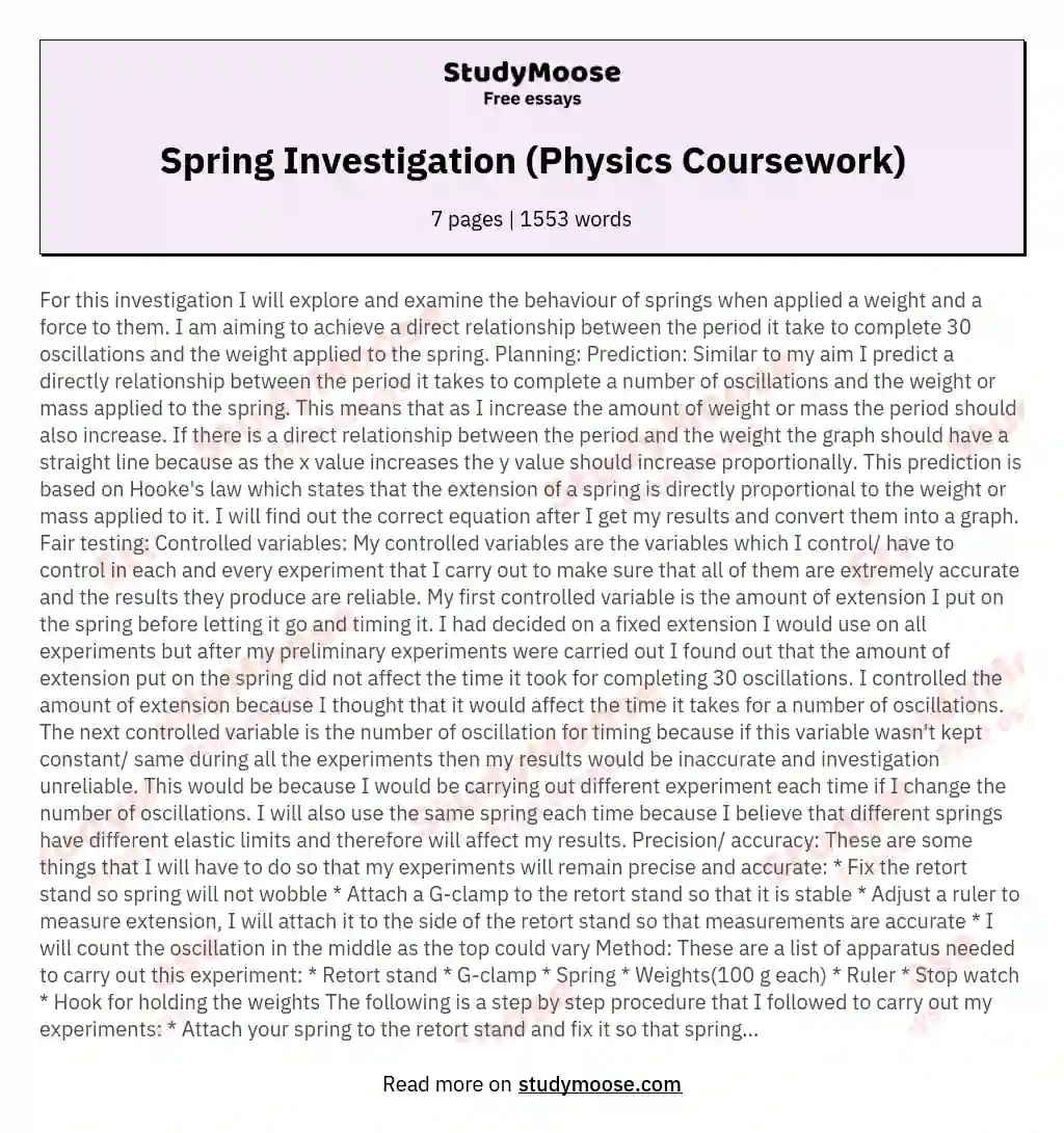 Spring Investigation (Physics Coursework) essay