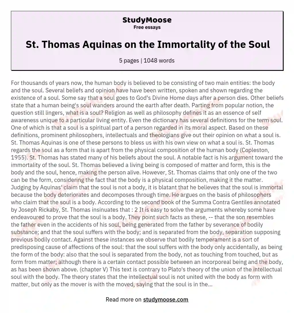 St. Thomas Aquinas on the Immortality of the Soul