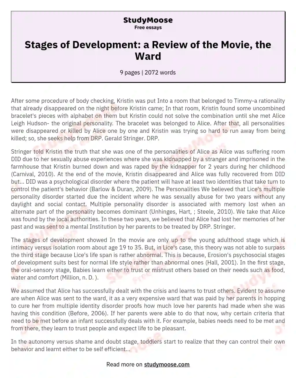 Stages of Development: a Review of the Movie, the Ward essay