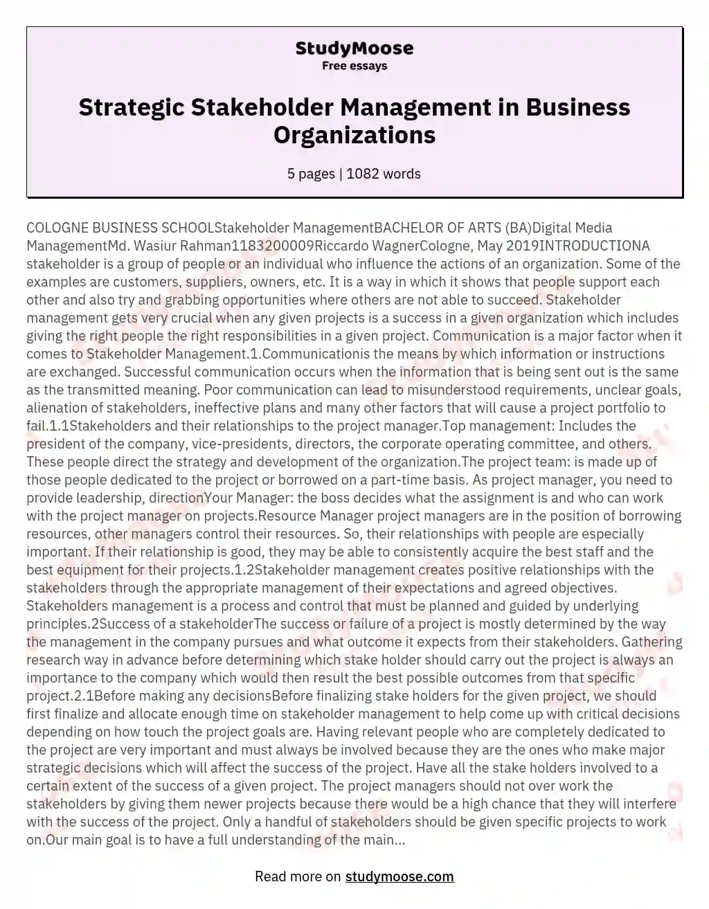 Strategic Stakeholder Management in Business Organizations essay