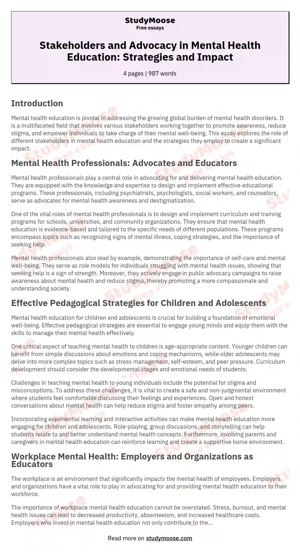 Stakeholders and Advocacy in Mental Health Education: Strategies and Impact essay