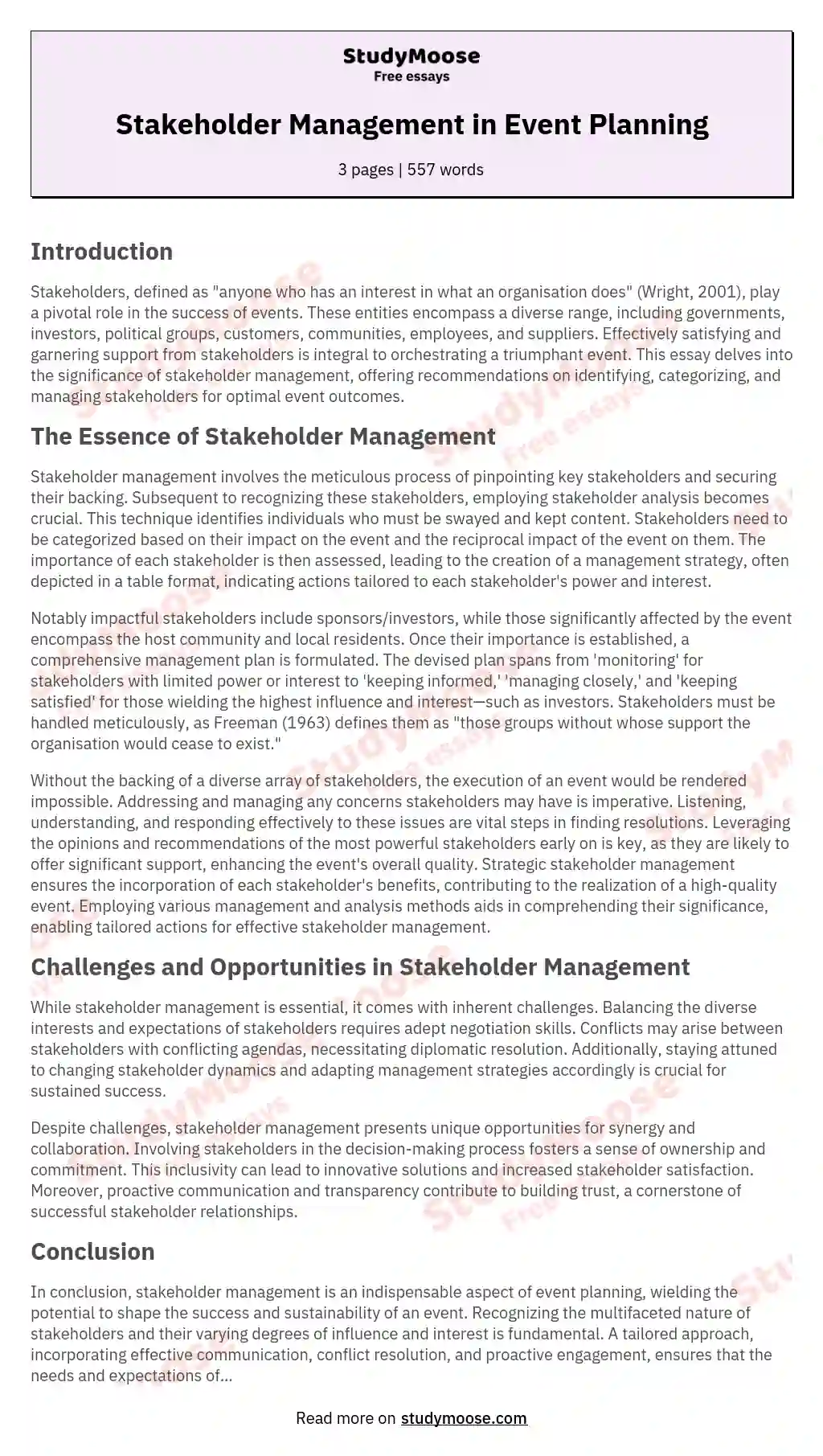 Stakeholder Management in Event Planning essay