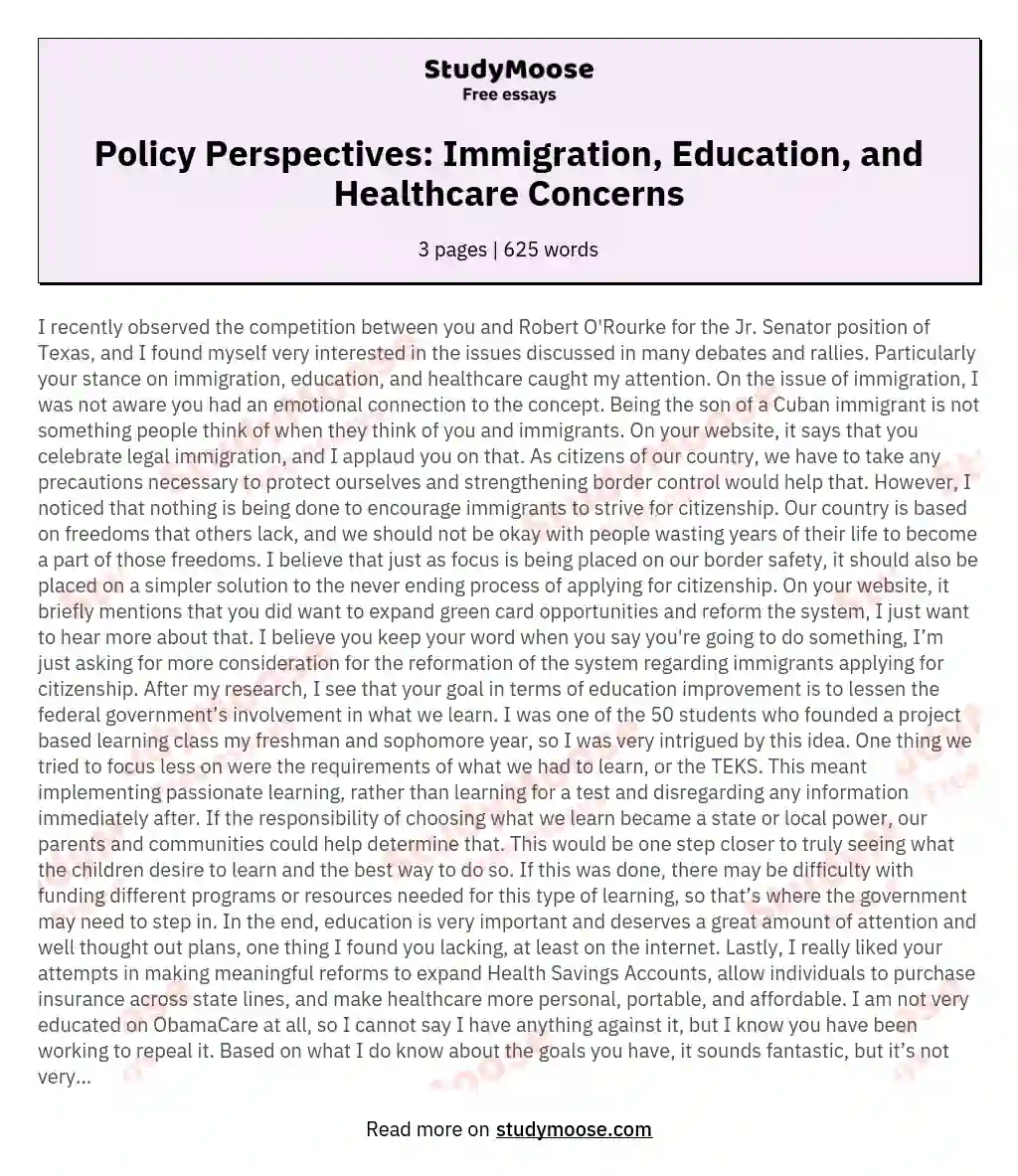 Policy Perspectives: Immigration, Education, and Healthcare Concerns essay