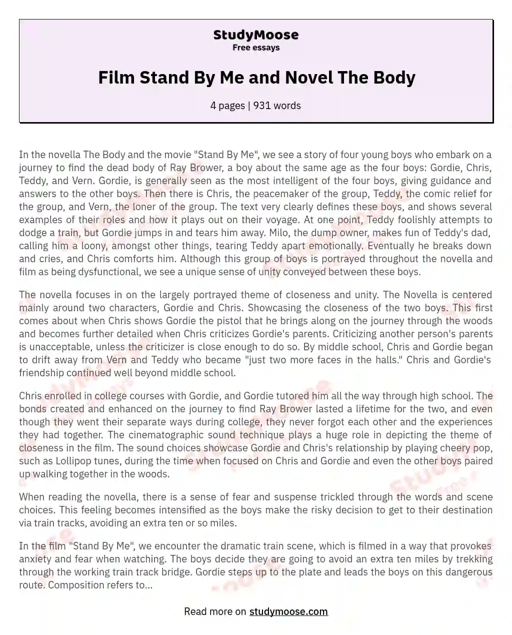Film Stand By Me and Novel The Body essay