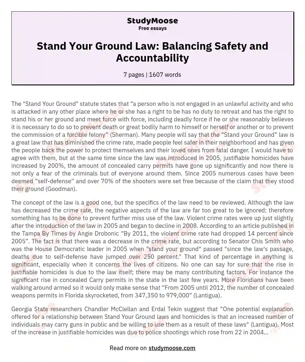 Stand Your Ground Law: Balancing Safety and Accountability essay