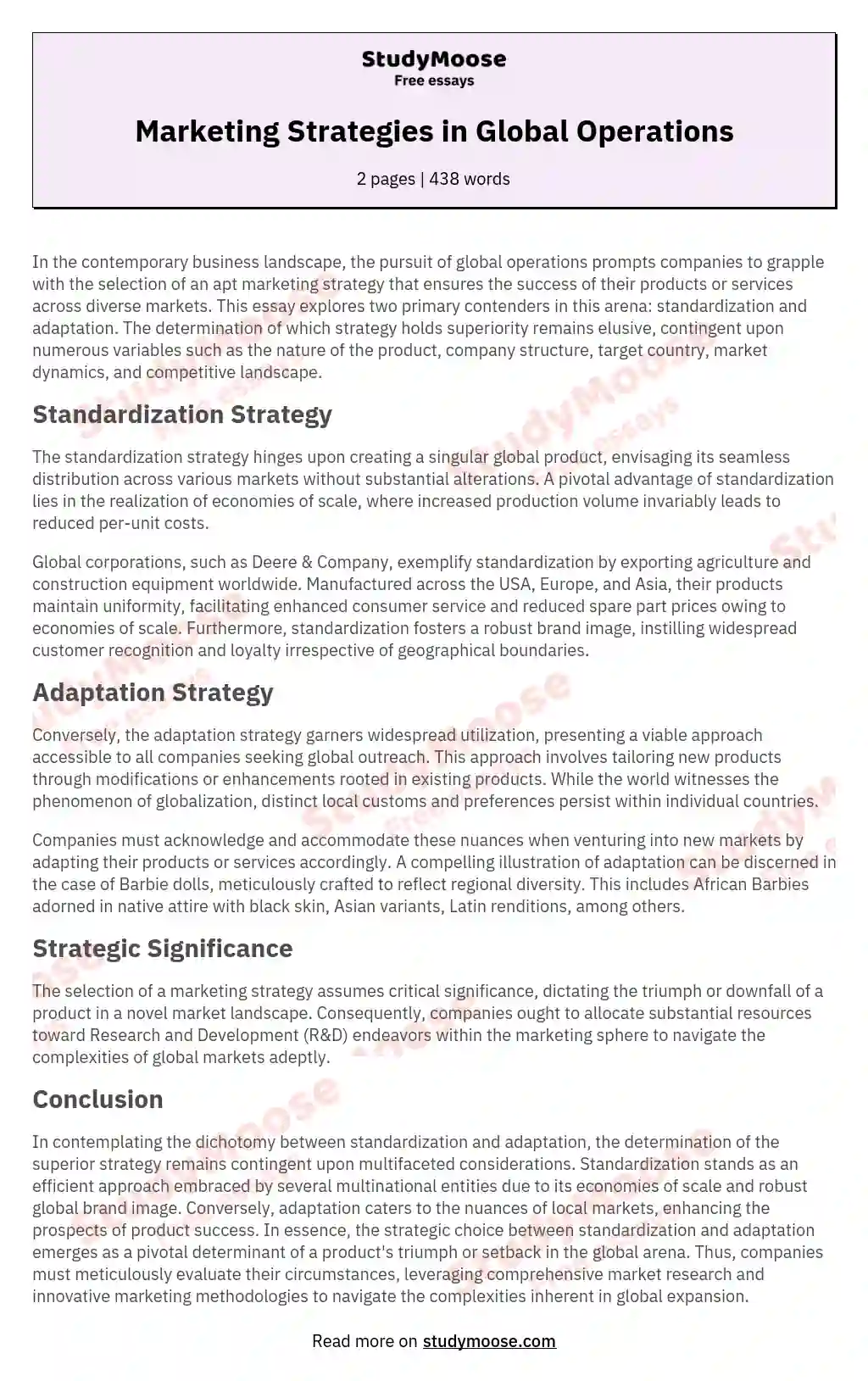 Marketing Strategies in Global Operations essay
