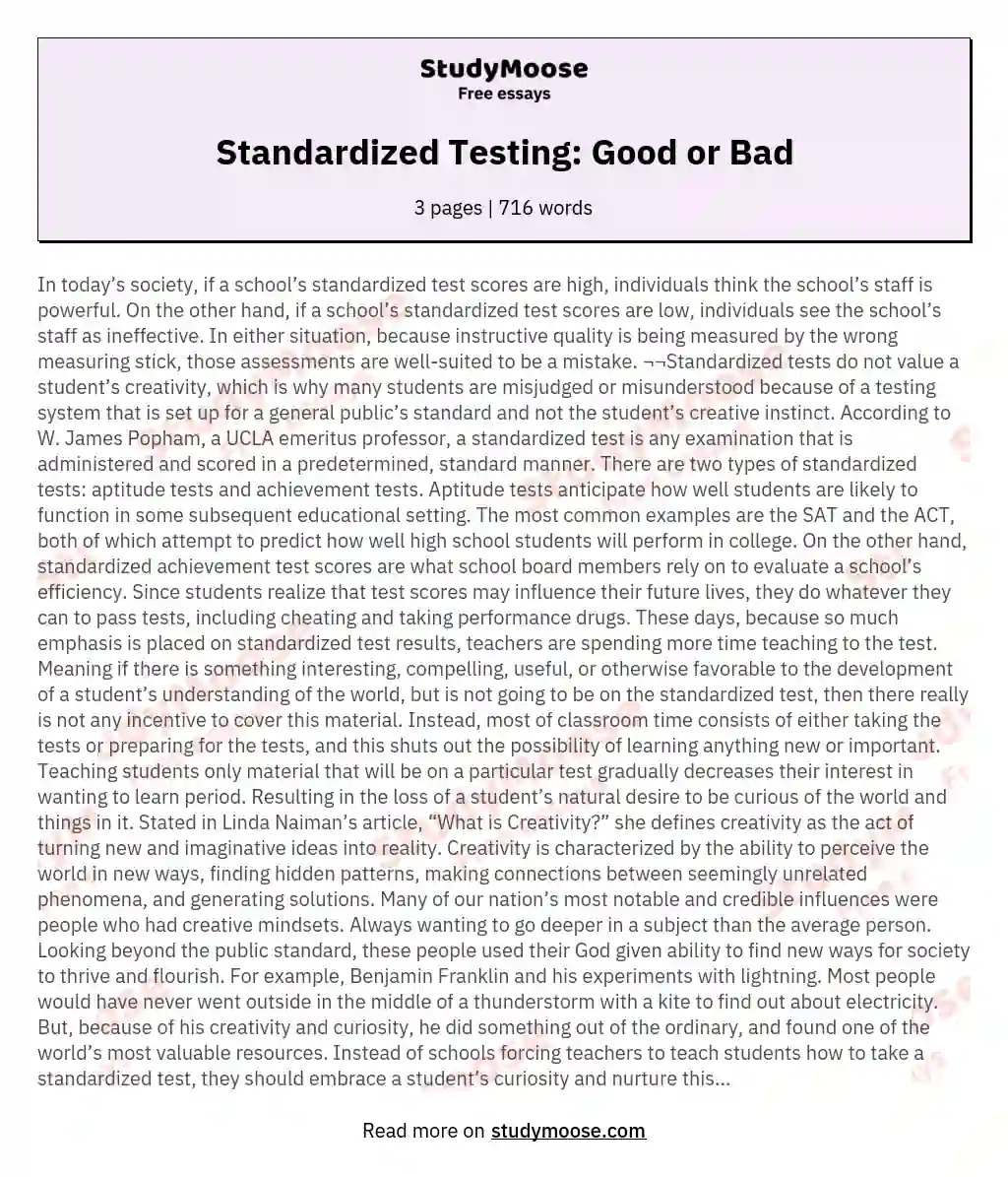 Standardized Testing: Good or Bad essay