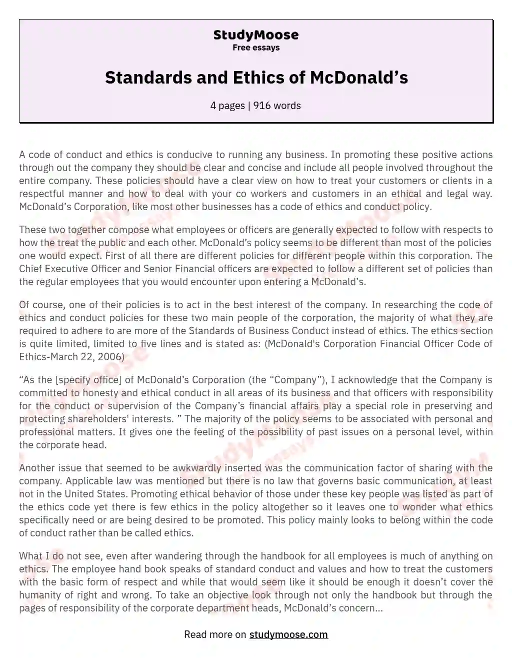 Standards and Ethics of McDonald’s essay