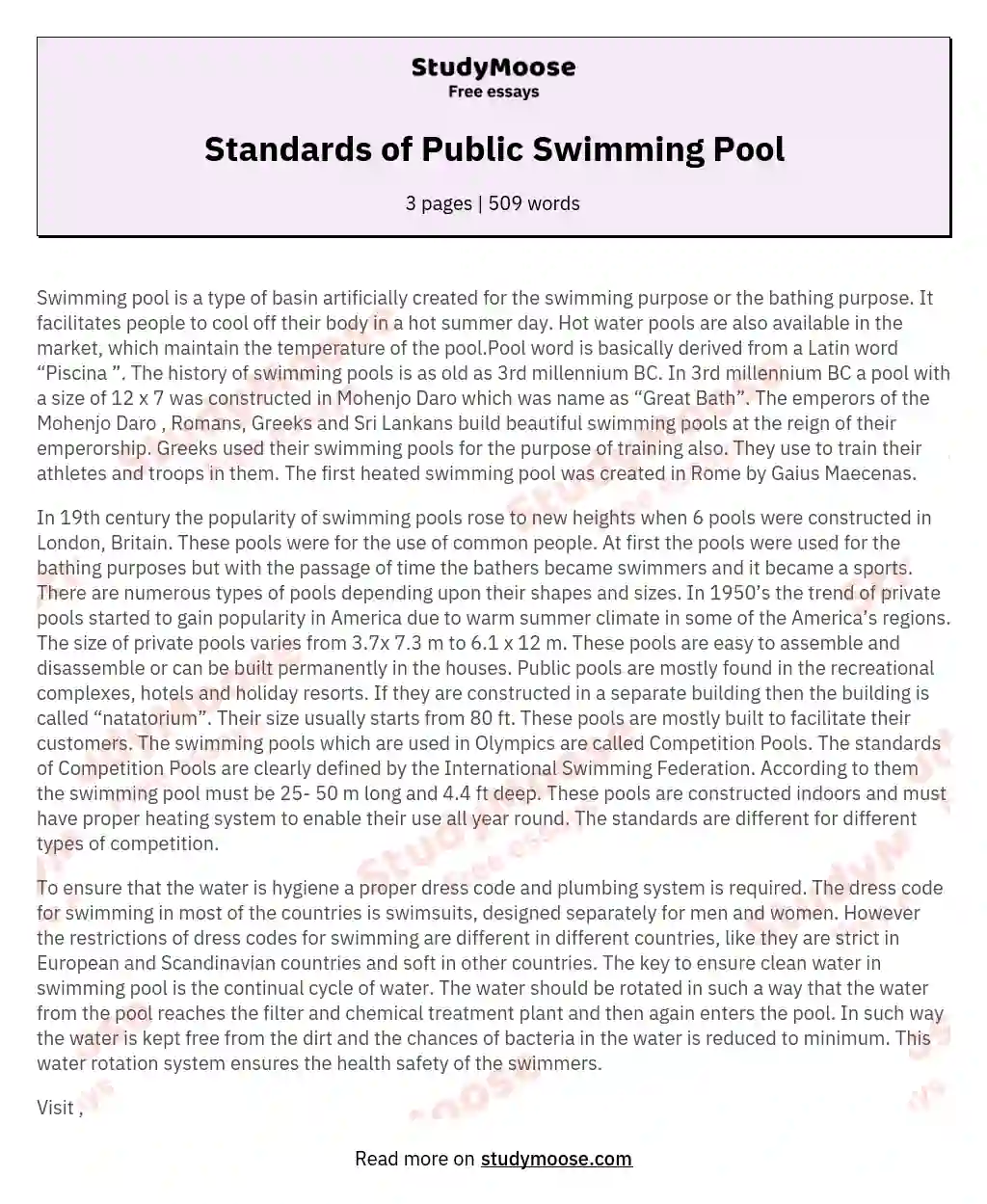 Standards of Public Swimming Pool essay