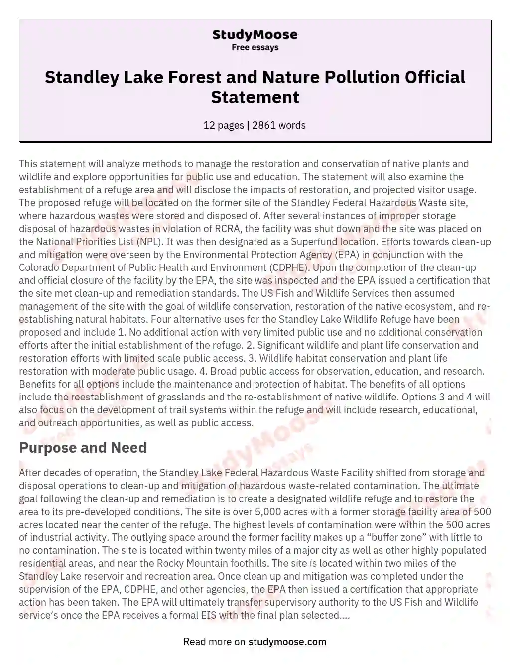 Standley Lake Forest and Nature Pollution Official Statement essay