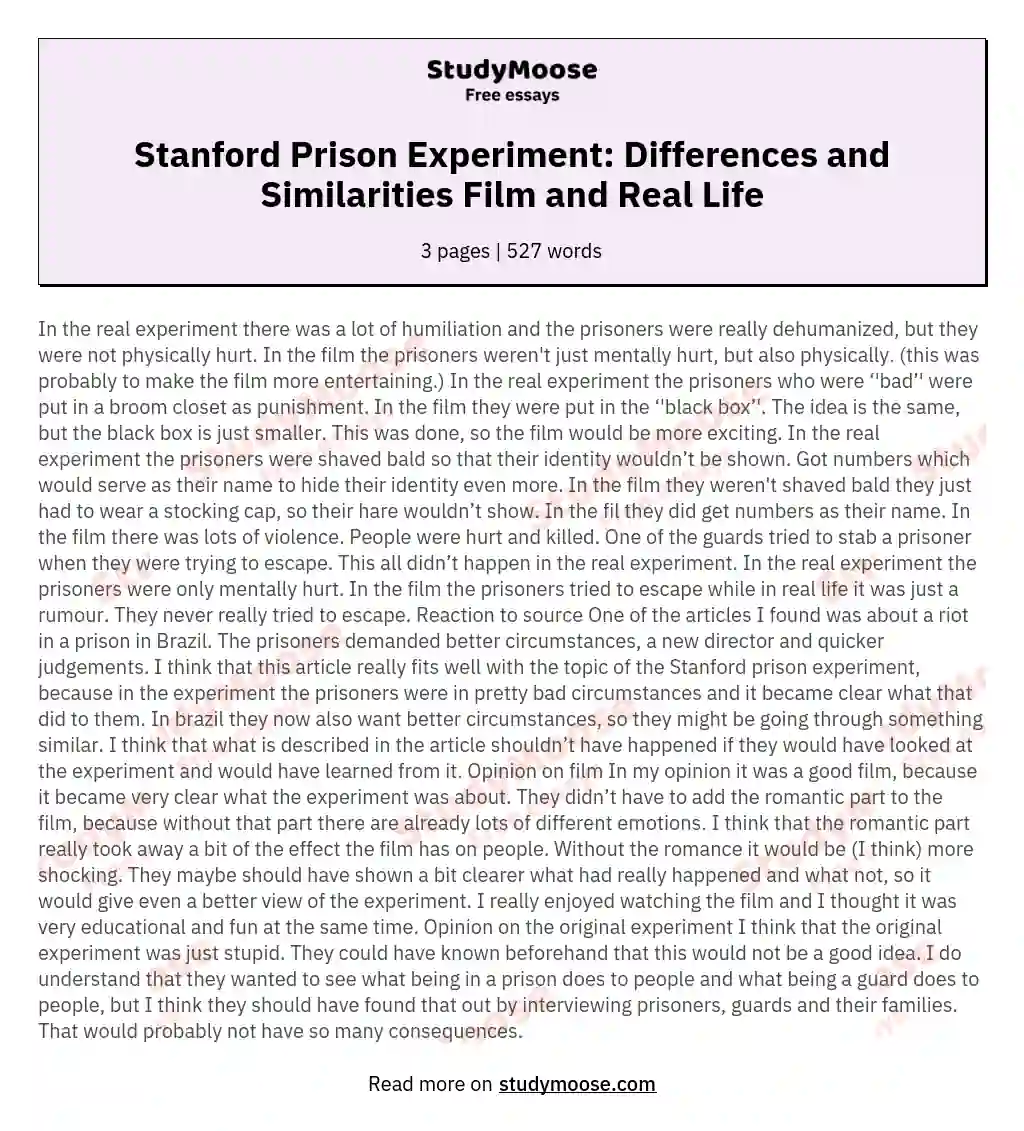 Stanford Prison Experiment: Differences and Similarities Film and Real Life essay