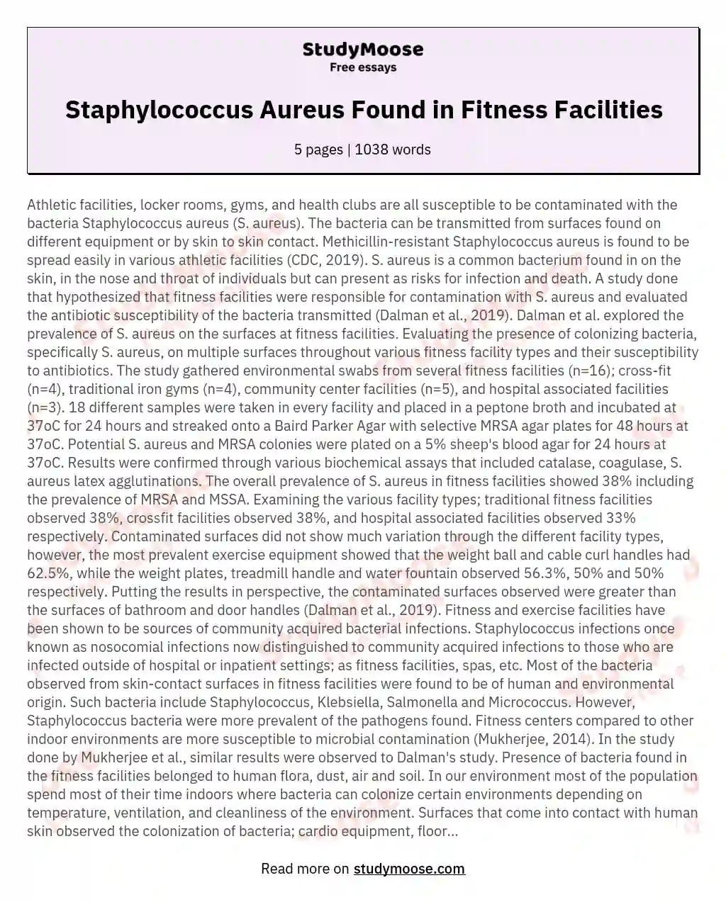 Staphylococcus Aureus Found in Fitness Facilities essay