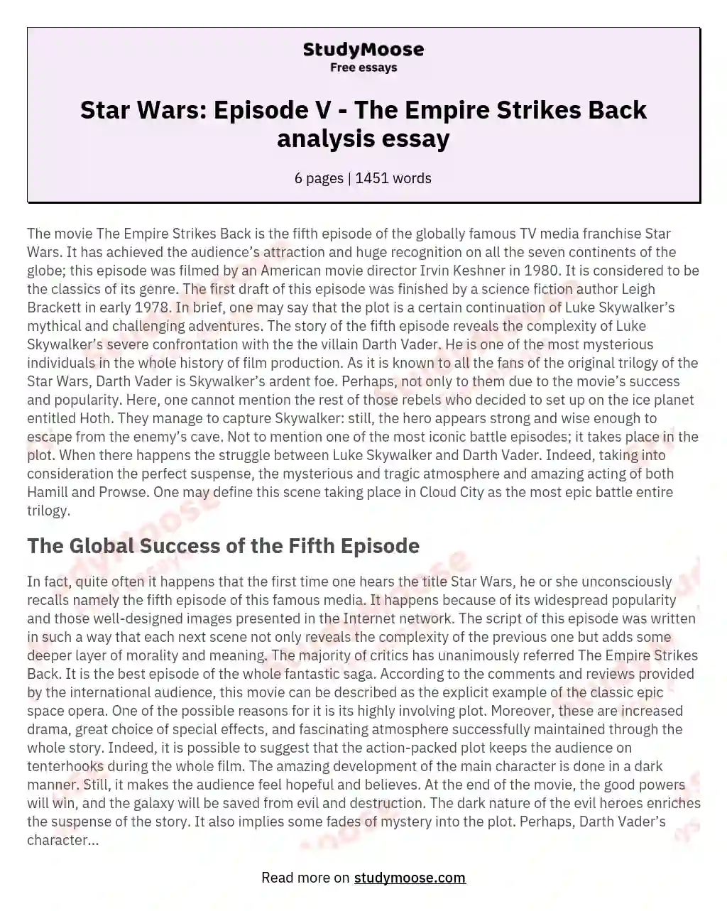 Star Wars: Episode V - The Empire Strikes Back analysis essay