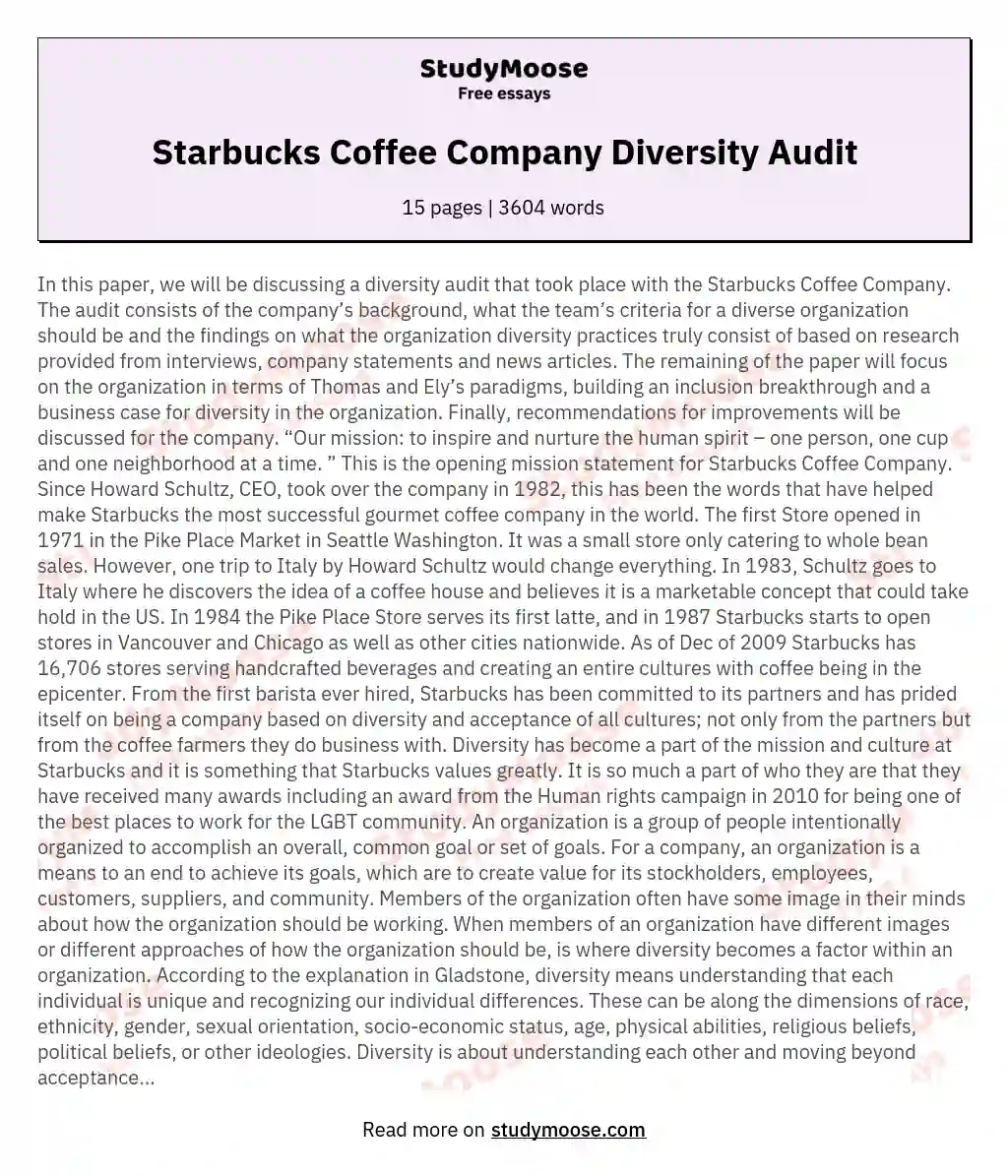 Starbucks Coffee Company Diversity Audit