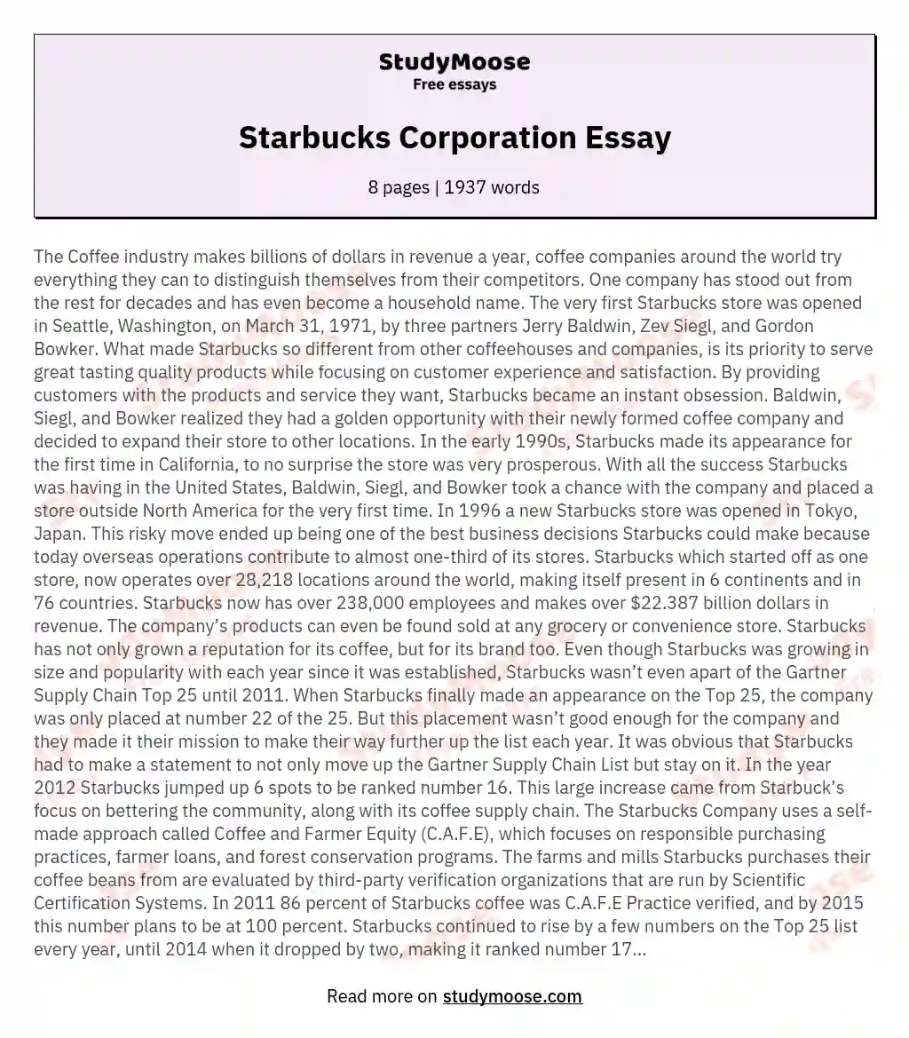 Starbucks Corporation Essay essay